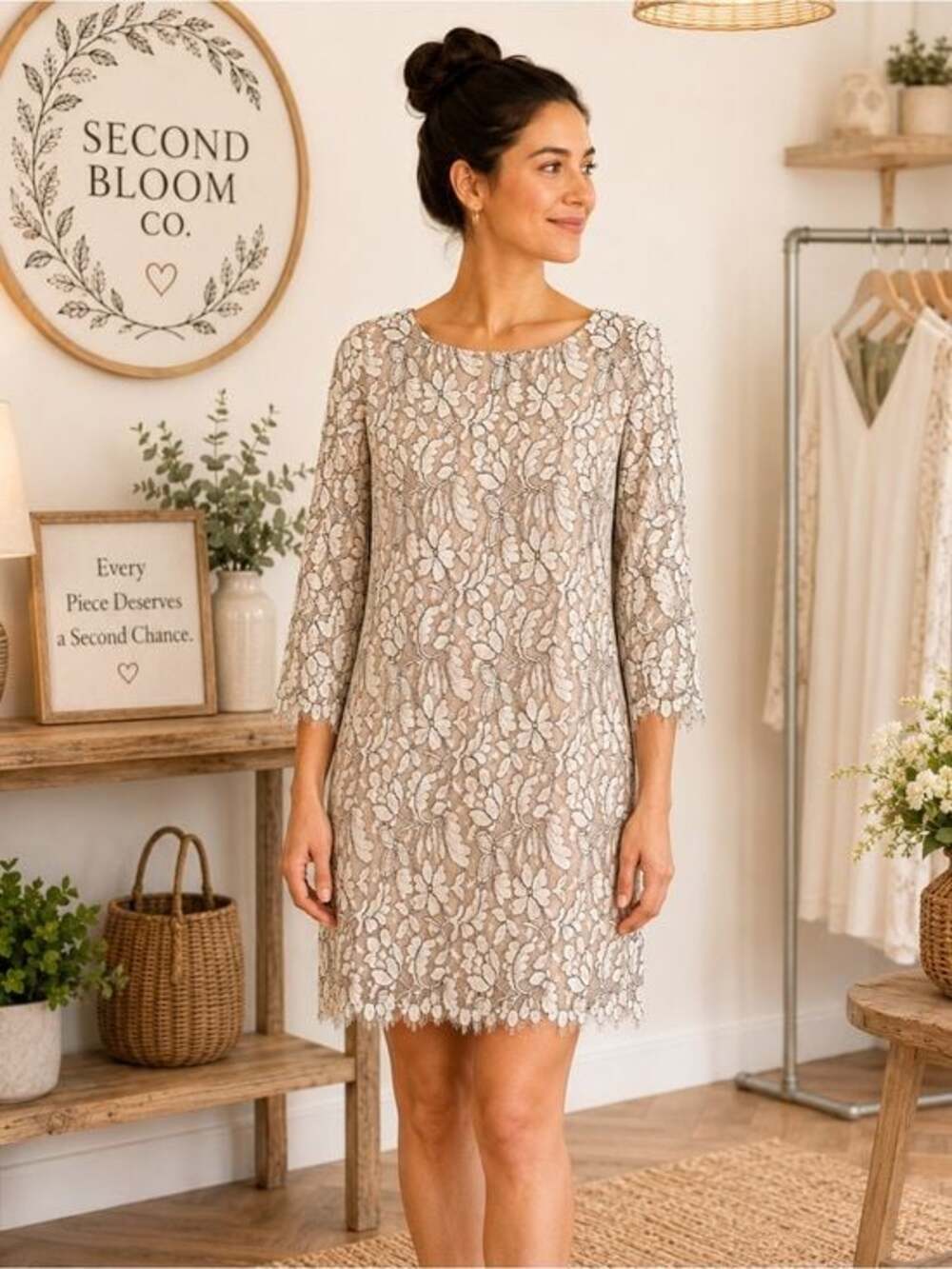 NWT Jessica Howard Petite 10P Floral Lace Shift Dress Beige Cream 3/4 Sleeve